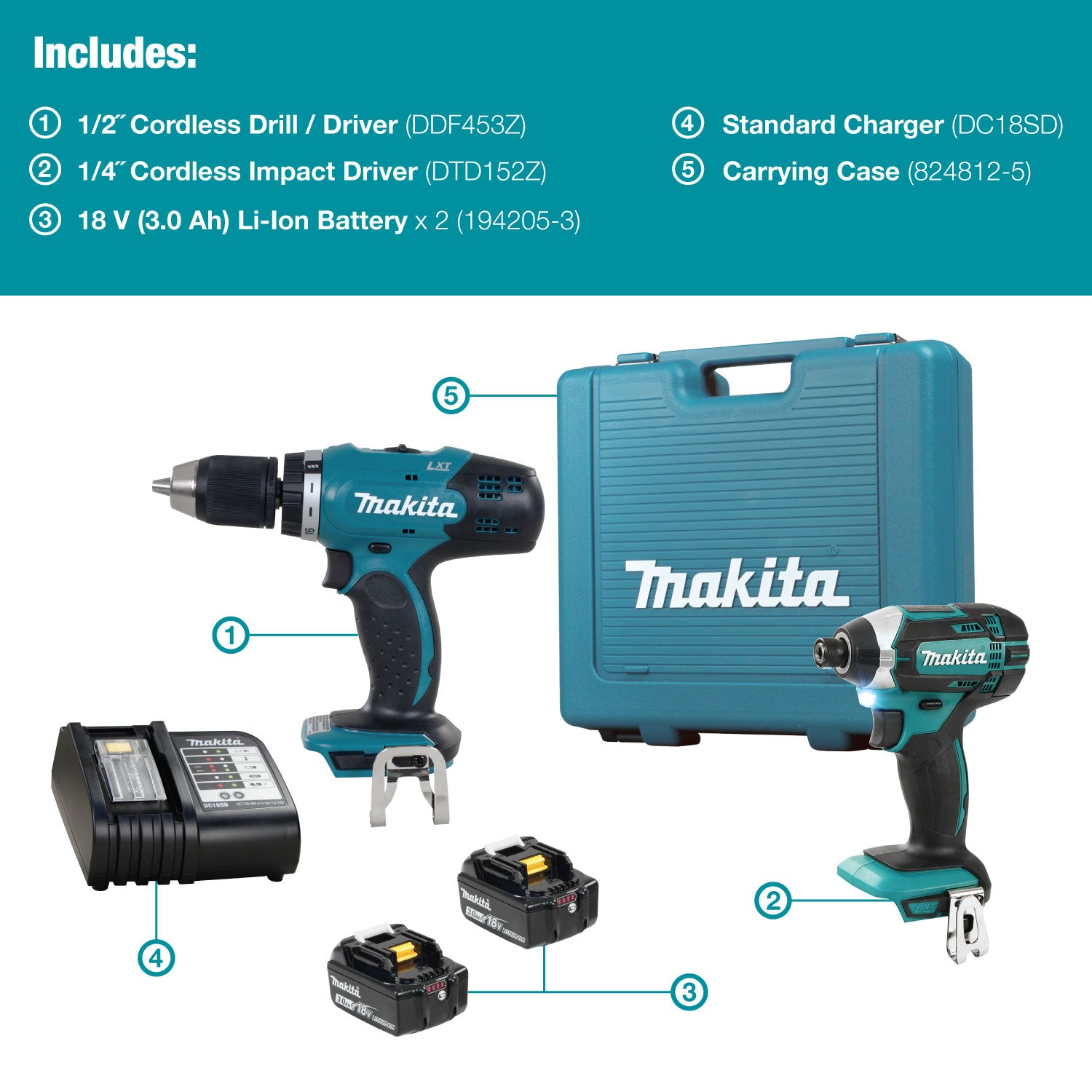 Makita Kit combiné 2 outils sans fil 18V LXT, 2 batteries 3.0Ah DLX2022S