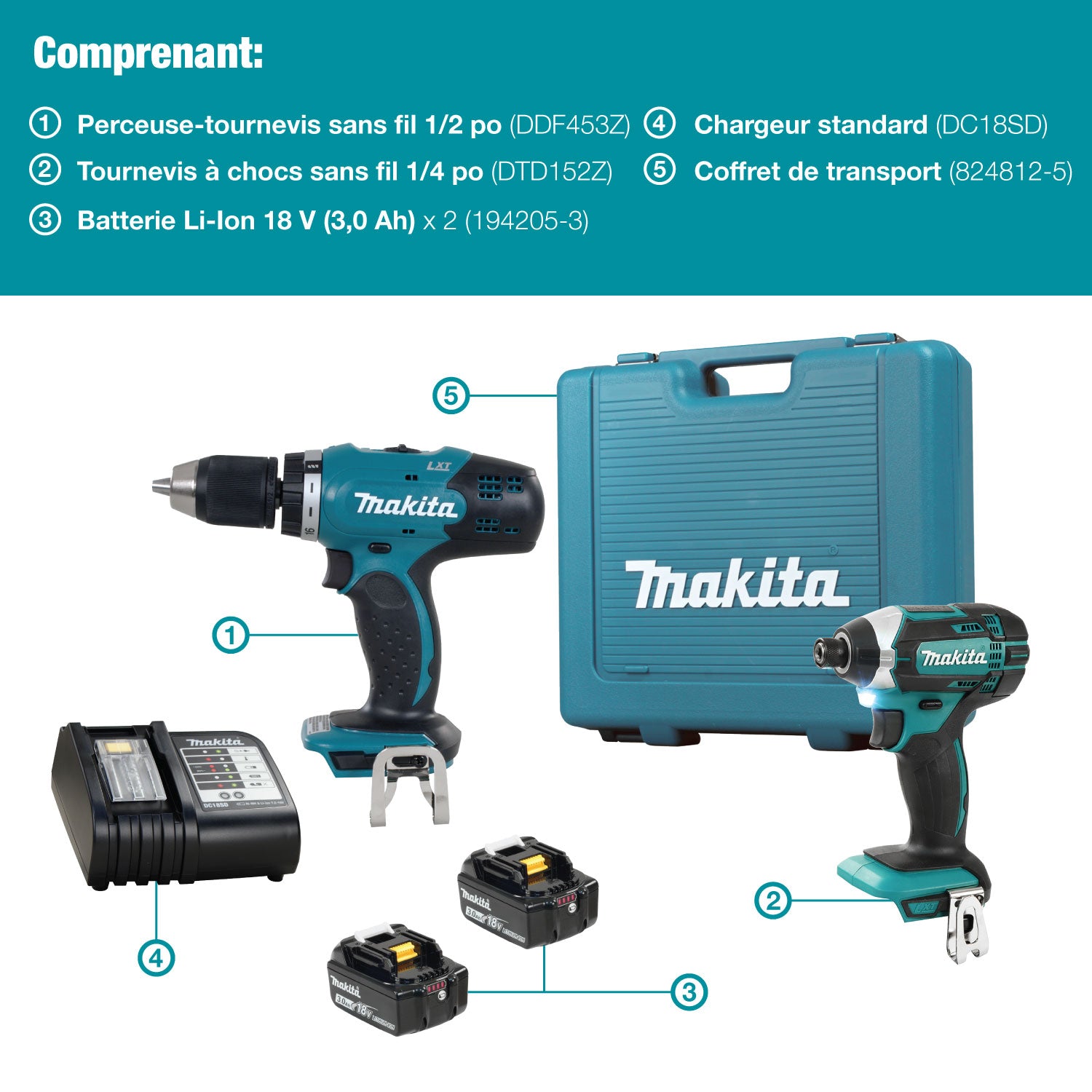 Makita Kit combiné 2 outils sans fil 18V LXT, 2 batteries 3.0Ah DLX2022S