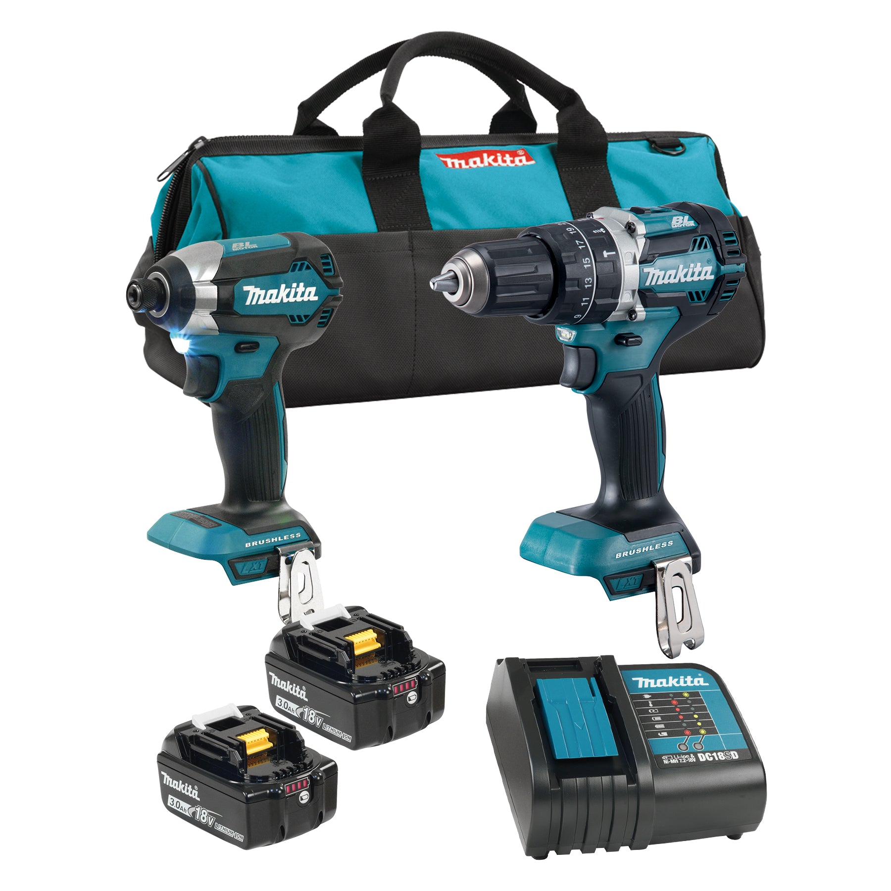 Makita Kit combiné 2 outils sans fil 18V LXT sans balais, 2 batteries 3.0Ah DLX2180S