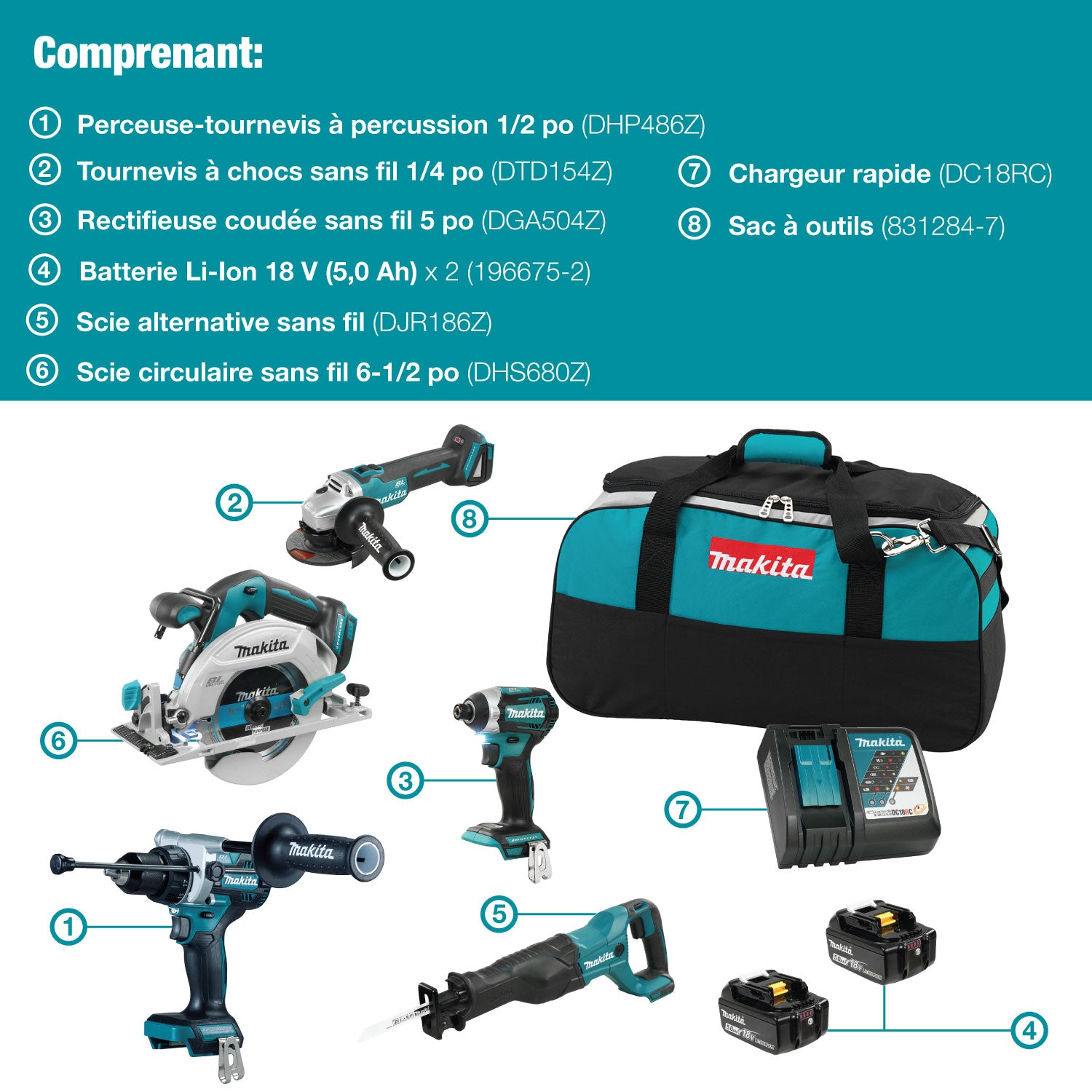 Makita 18V LXT Brushless 5 Tool Combo Kit, 5.0Ah x2 DLX5077TX1