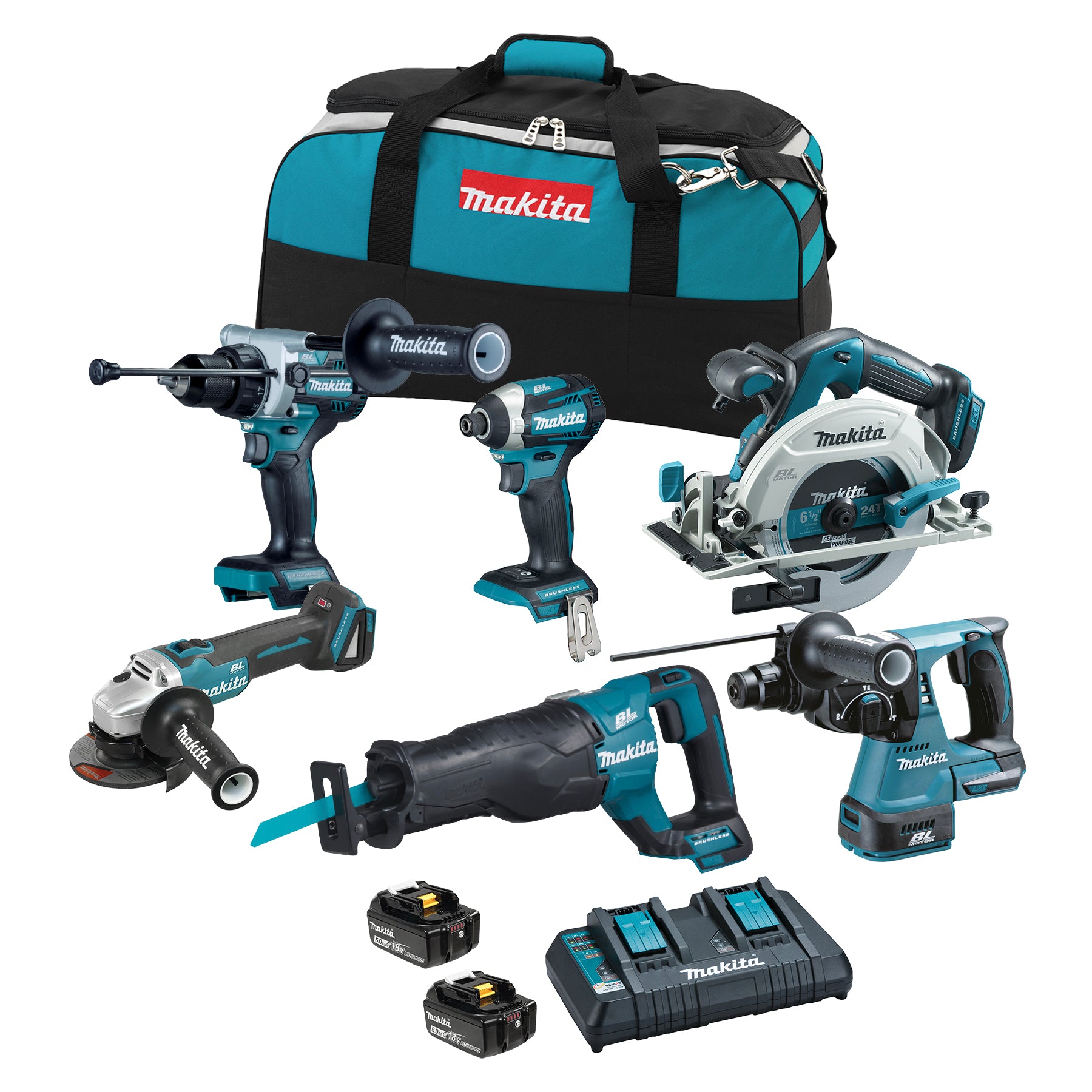 Makita Kit Combiné 6 Outils Sans Balais 18V LXT, 5,0Ah x2 DLX6109TX1