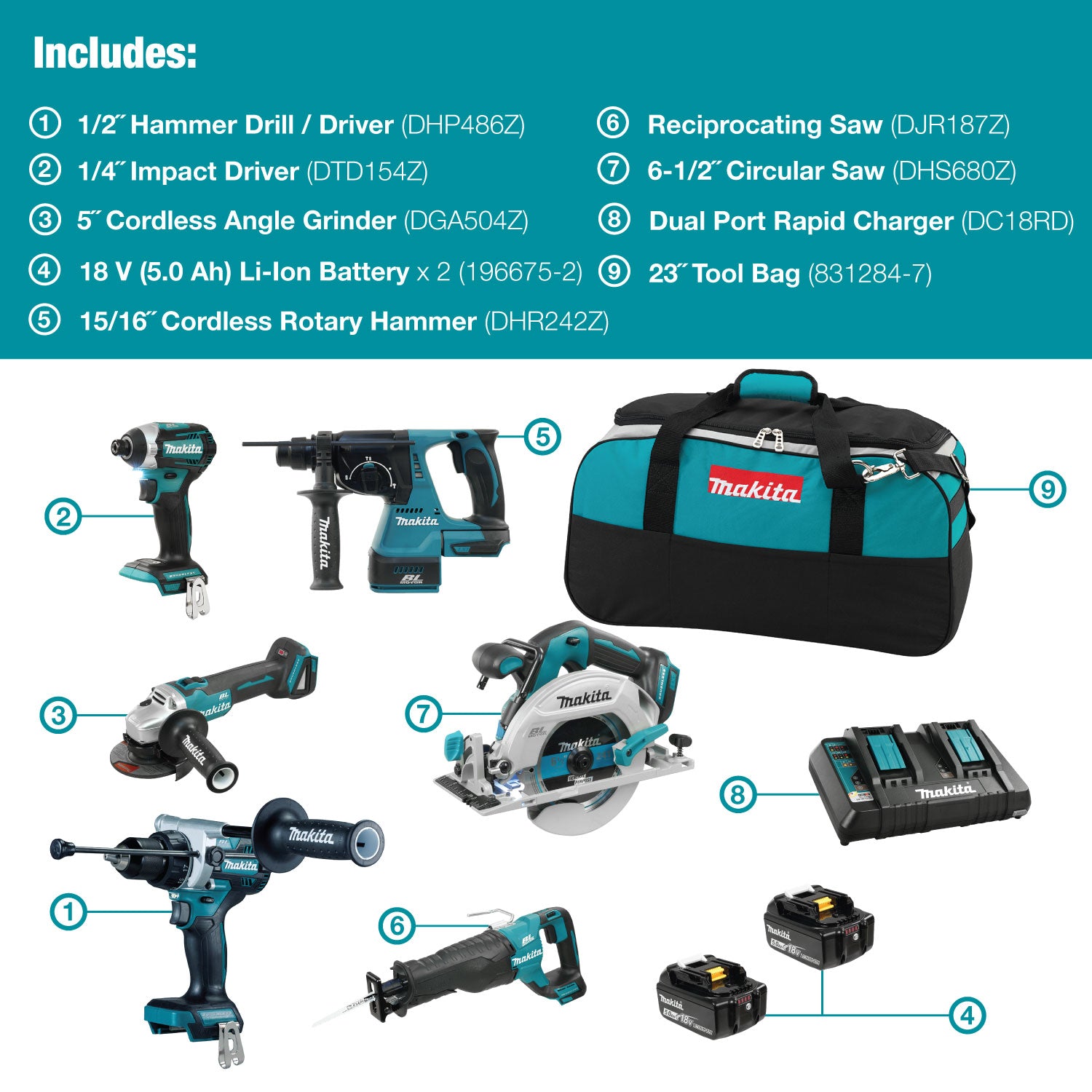 Makita Kit Combiné 6 Outils Sans Balais 18V LXT, 5,0Ah x2 DLX6109TX1