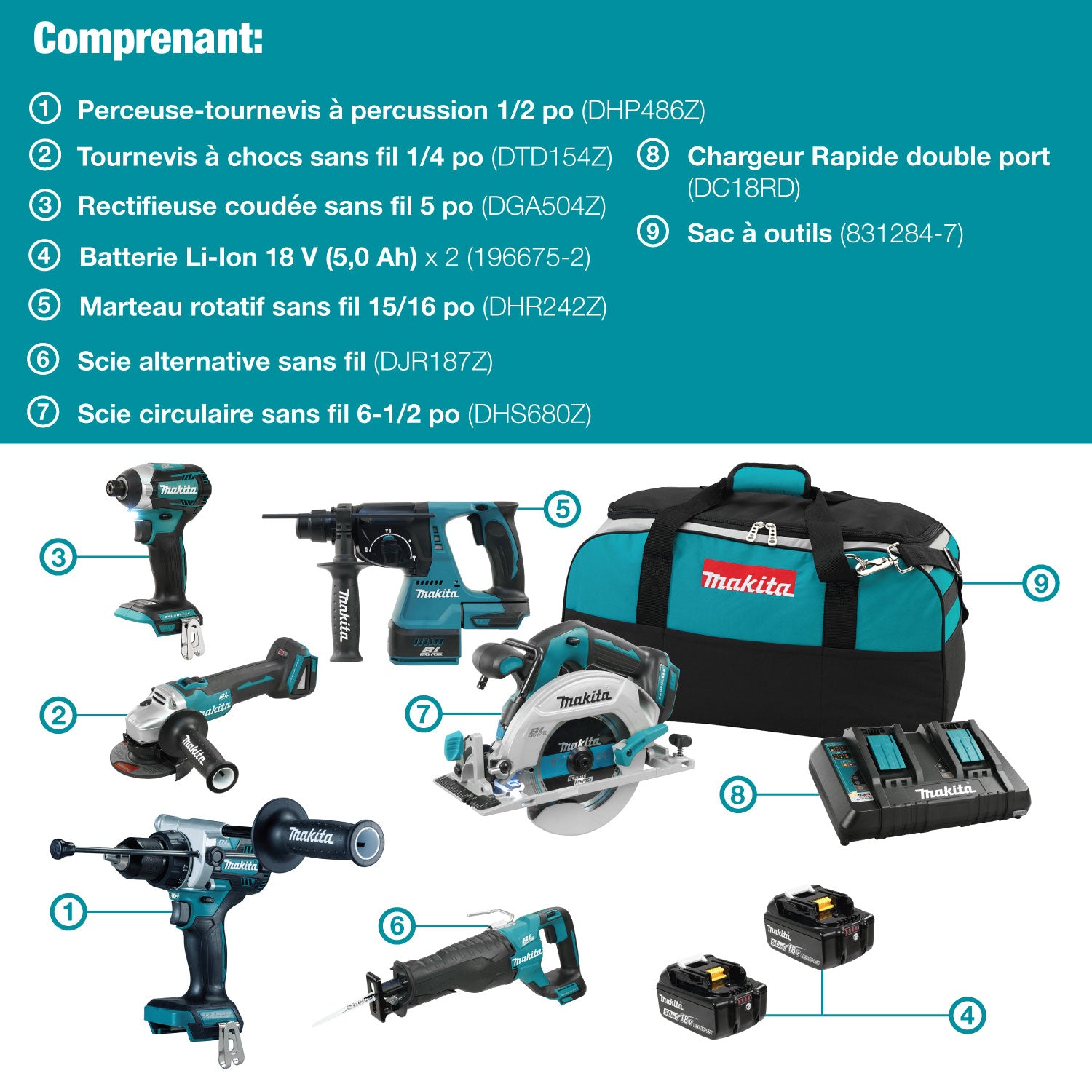 Makita Kit Combiné 6 Outils Sans Balais 18V LXT, 5,0Ah x2 DLX6109TX1