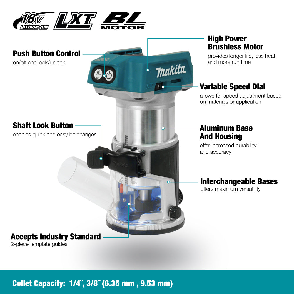 Makita 18V LXT Brushless Router w/Dust Extraction, Tool Only DRT50ZX4