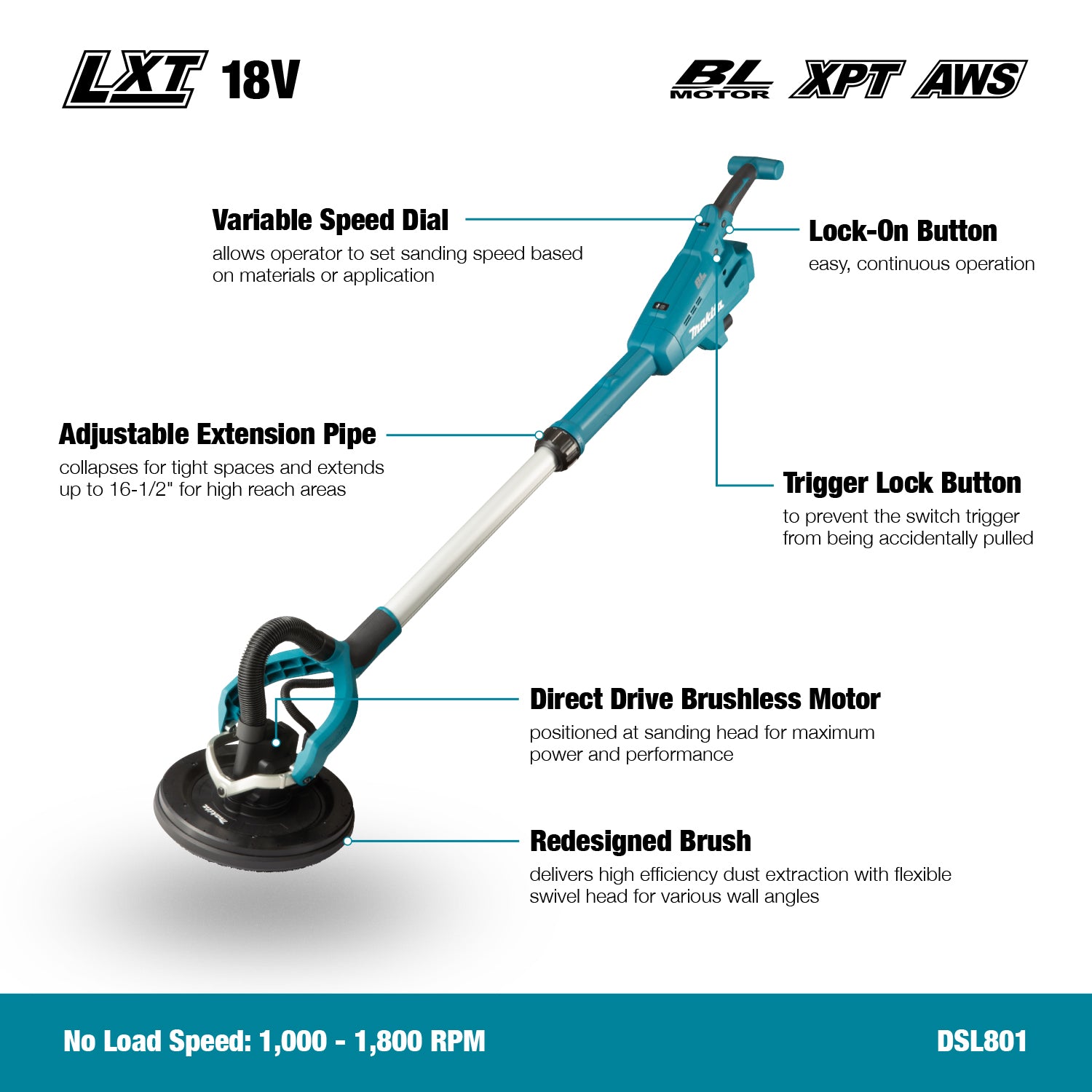 Makita 18V LXT Brushless 8-7/8" Drywall Sander w/AWS, Tool Only DSL801ZX1