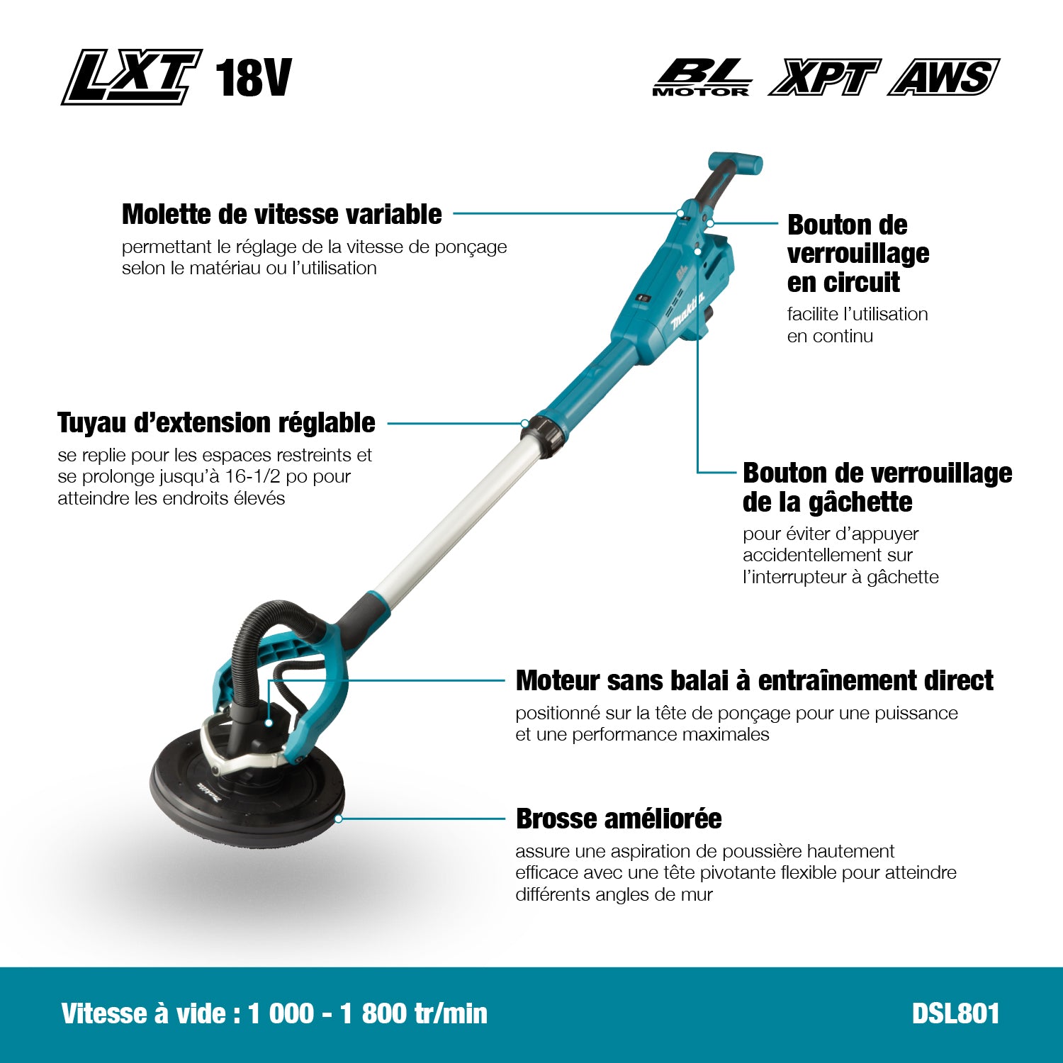 Makita 18V LXT Brushless 8-7/8" Drywall Sander w/AWS, Tool Only DSL801ZX1