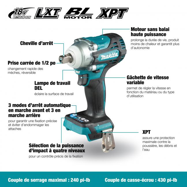 Makita Clé à chocs sans balais LXT 18V 1/2" avec goupille de détente, outil seul DTW301XVZ