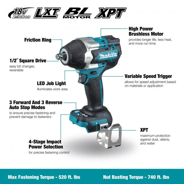 Makita Clé à chocs sans balais LXT 18V 1/2" avec bague de friction, outil seul DTW700XVZ
