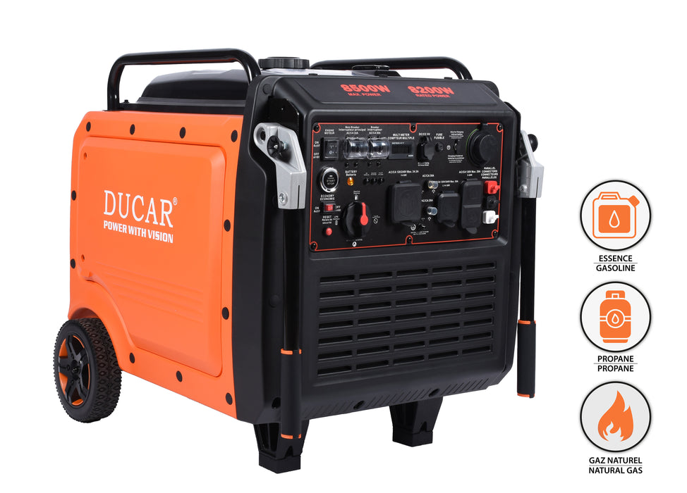 Ducar Groupe électrogène inverseur 8500W, 16 CV, démarrage à distance, tri-carburant (GPL / essence / gaz naturel) DUEDLNG8750ISR