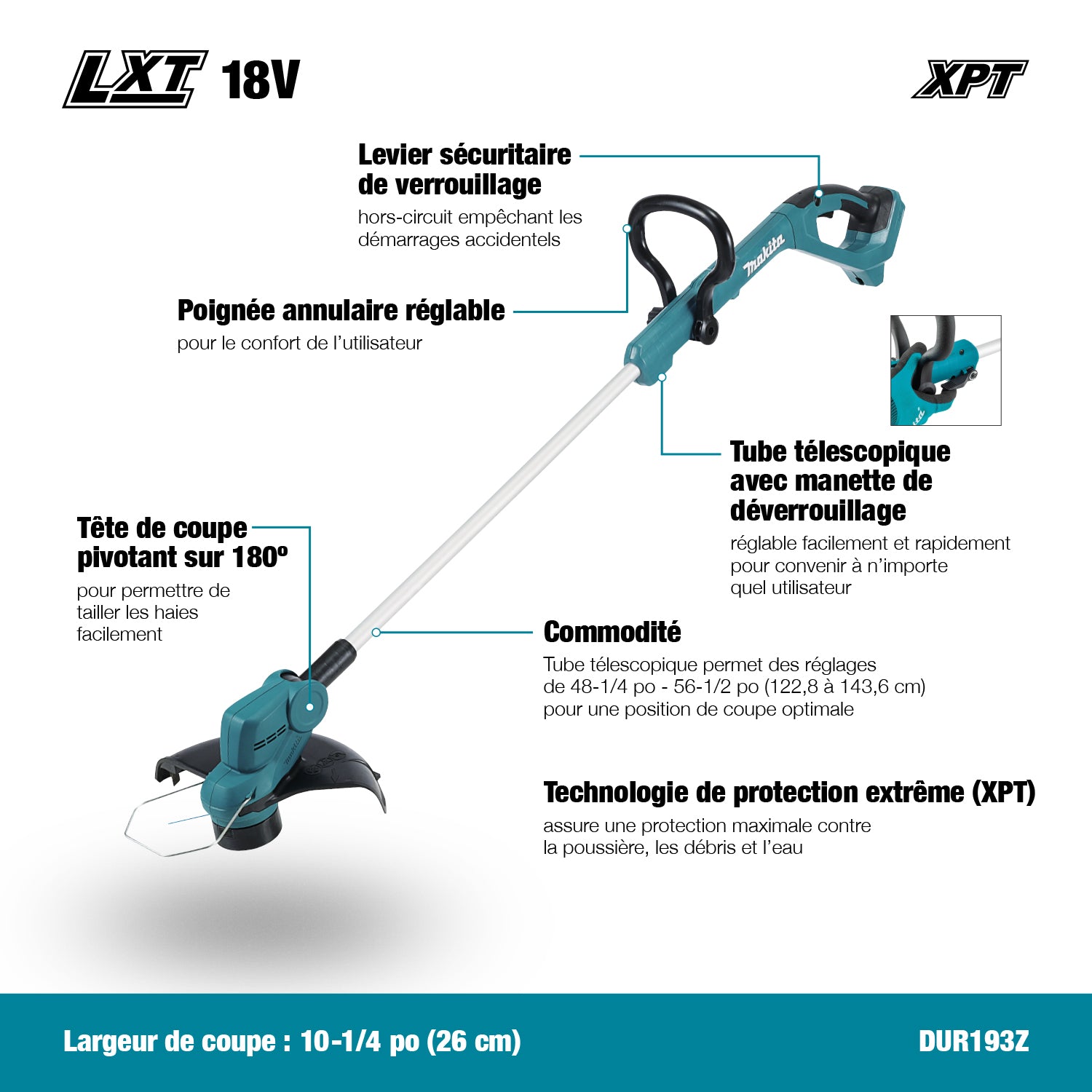 Makita Coupe-bordures sans fil LXT 18V 10-1/4" (26 cm), Kit avec batterie 4,0 Ah x1 DUR193M001
