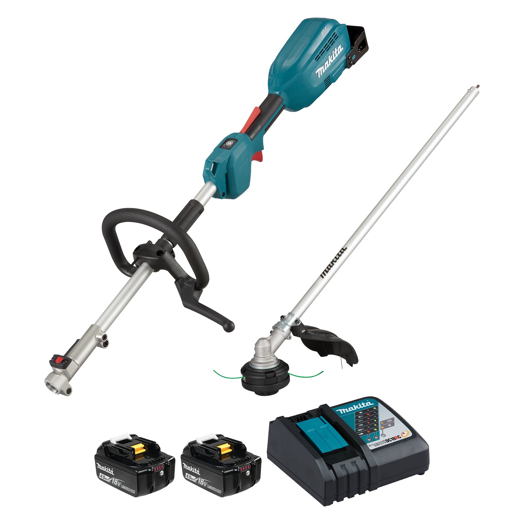 Makita Unité motrice Split Shaft Brushless 18V LXT avec coupe-bordures EM409MP, Kit avec 2 batteries 4.0Ah DUX18RMEX2