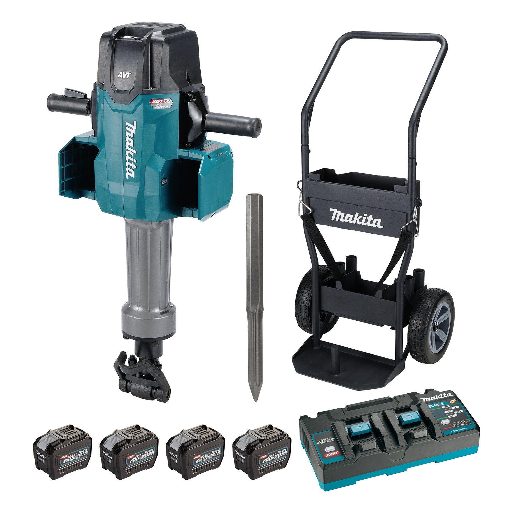 Makita Brise-béton sans balais 80V(40Vx2)max XGT 70 LBS, queue hexagonale 1-1/8" avec chariot, Kit avec 4 batteries 8.0Ah HM004GL401
