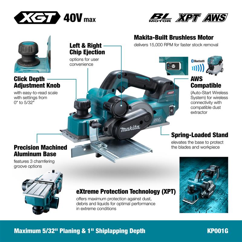 Makita 40Vmax XGT Brushless 3-1/4" Planer w/AWS, Tool Only KP001GZ