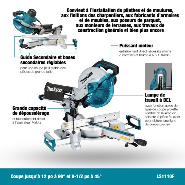 Makita Scie à onglets coulissante 10" avec guide de coupe LED LS1110F