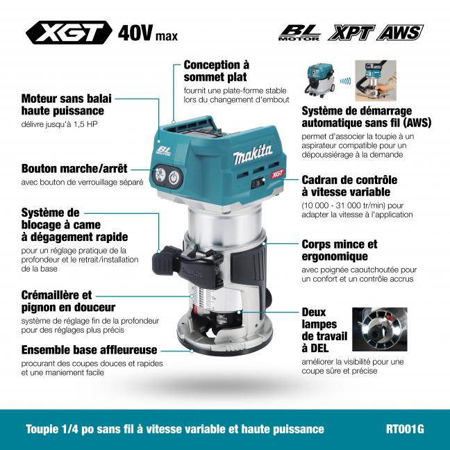 Makita 40Vmax XGT Brushless Router w/AWS, Tool Only RT001GZ01