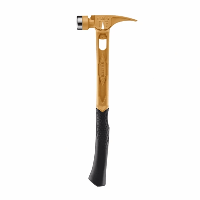 Marteau de charpentier Stiletto TIBONE de 15 oz en titane, face gaufrée et manche courbé – édition limitée dorée, TIB15MC-CG