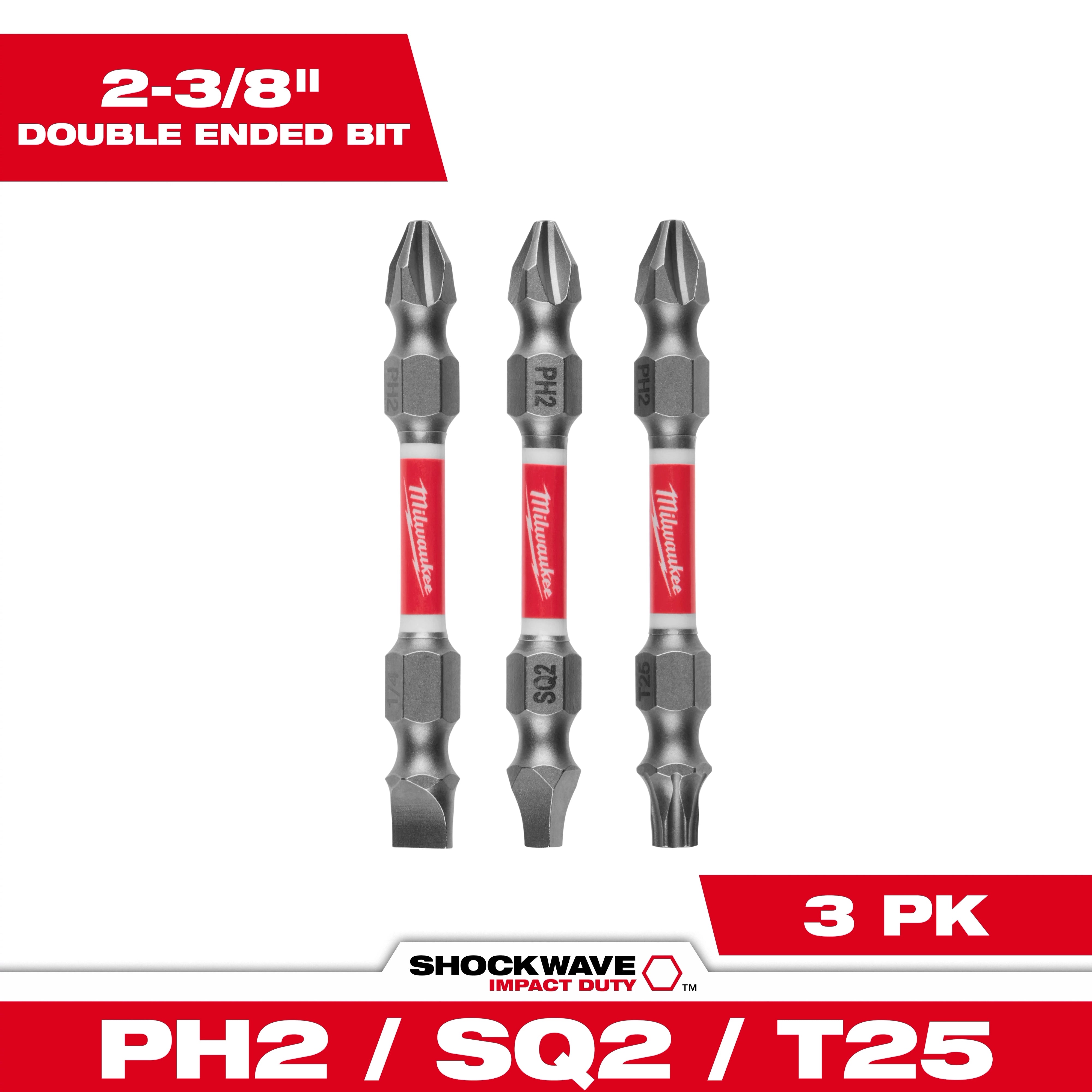 Milwaukee 3 pièces d'embouts double extrémité SHOCKWAVE™ Impact Duty PH2/SQ2/T25 48-32-4319