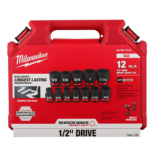 Milwaukee Kit de douilles 6 points SAE standard 1/2" Drive 12 pièces SHOCKWAVE Impact Duty™ 49-66-7010