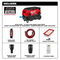 Milwaukee Extracteur de poussière M18 FUEL™ 9 Gallons à double batterie avec compatibilité PACKOUT™ et VACLINK™ 0888-20