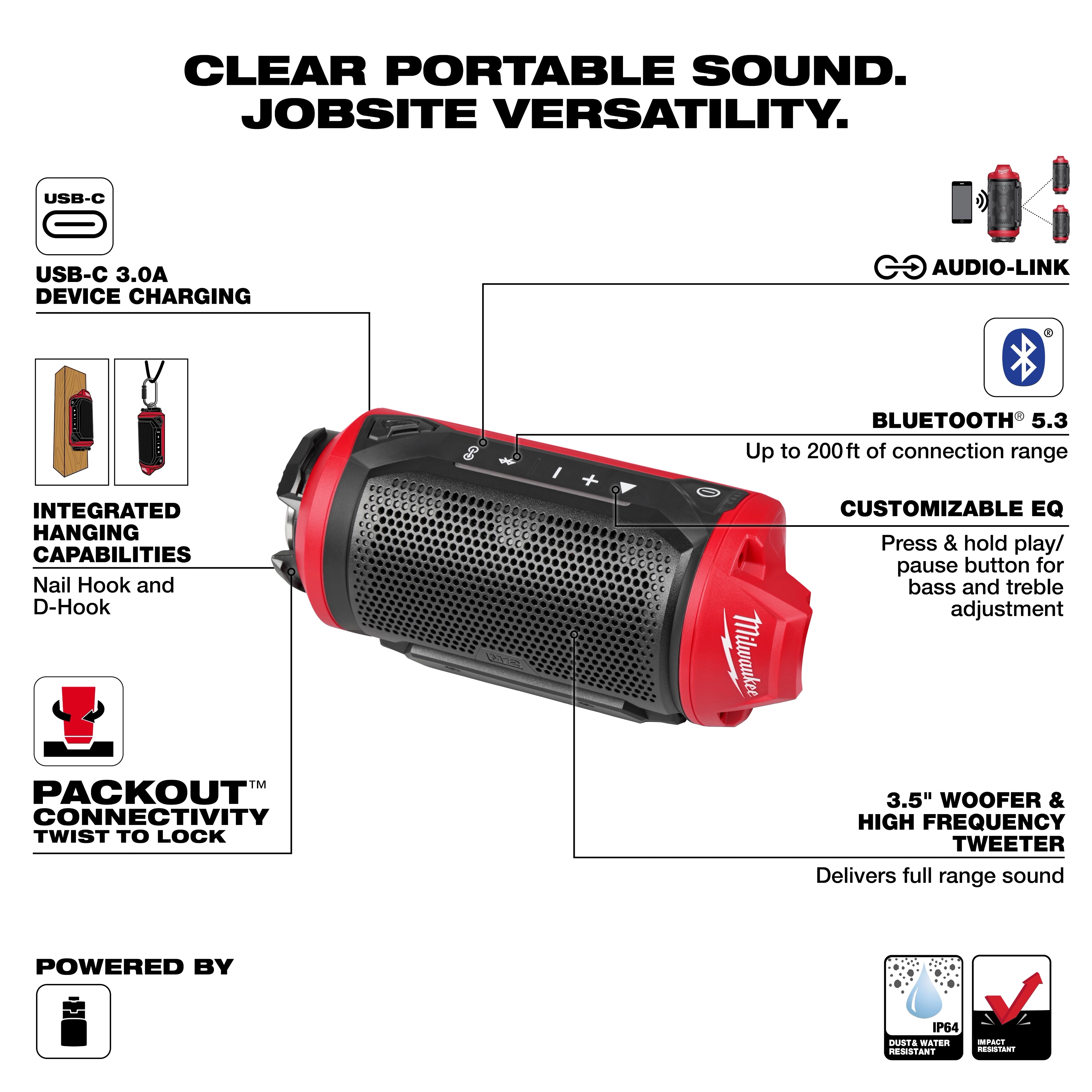 Milwaukee Haut-parleur de chantier M12™ Bluetooth® avec compatibilité PACKOUT™ 2955-20