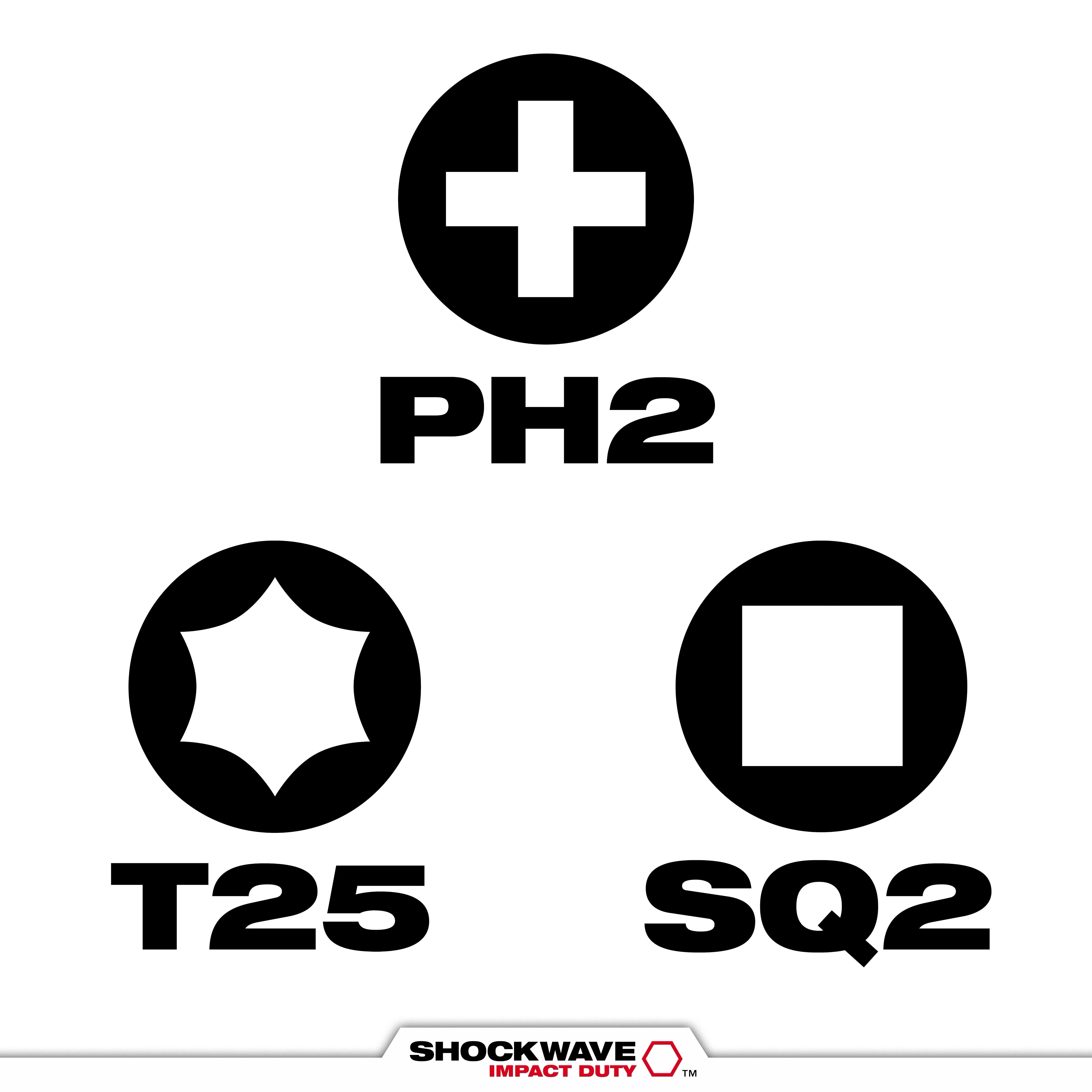 Milwaukee 3 pièces d'embouts double extrémité SHOCKWAVE™ Impact Duty PH2/SQ2/T25 48-32-4319