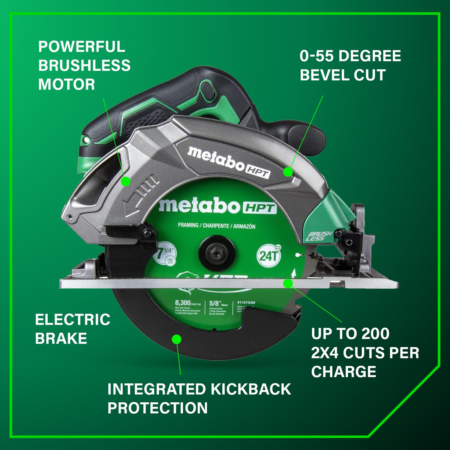 Metabo HPT Scie circulaire sans fil MultiVolt 18 V 7‑1/4" (corps d'outil uniquement) | Metabo HPT C1807DAQ4 C1807DAQ4