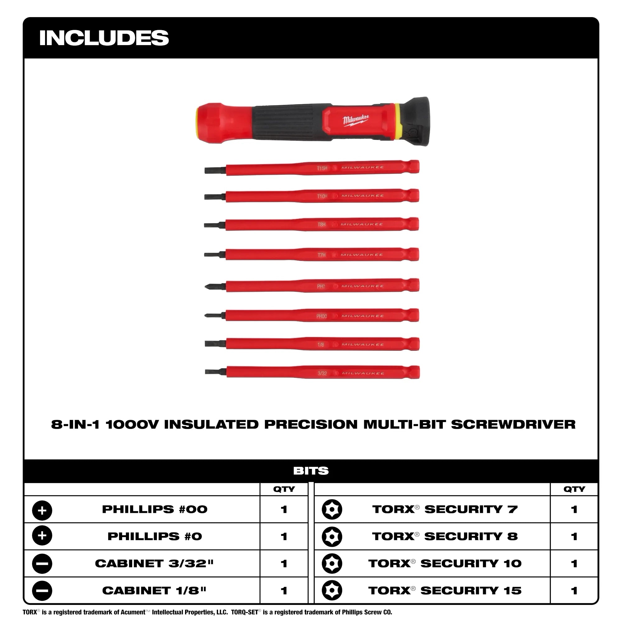 Milwaukee Tournevis multi-embouts de précision isolé 8-en-1 1000 V 48-22-2217