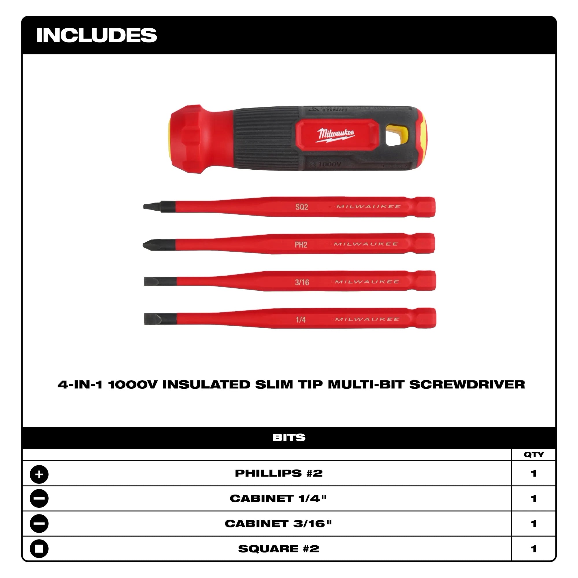 Milwaukee Tournevis multi-embouts à pointe fine isolé 4-en-1 1000 V 48-22-2216