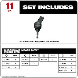 Milwaukee Support de forets pivotant 30° KNUCKLE™ SHOCKWAVE™ – 11 pièces 48-32-2301