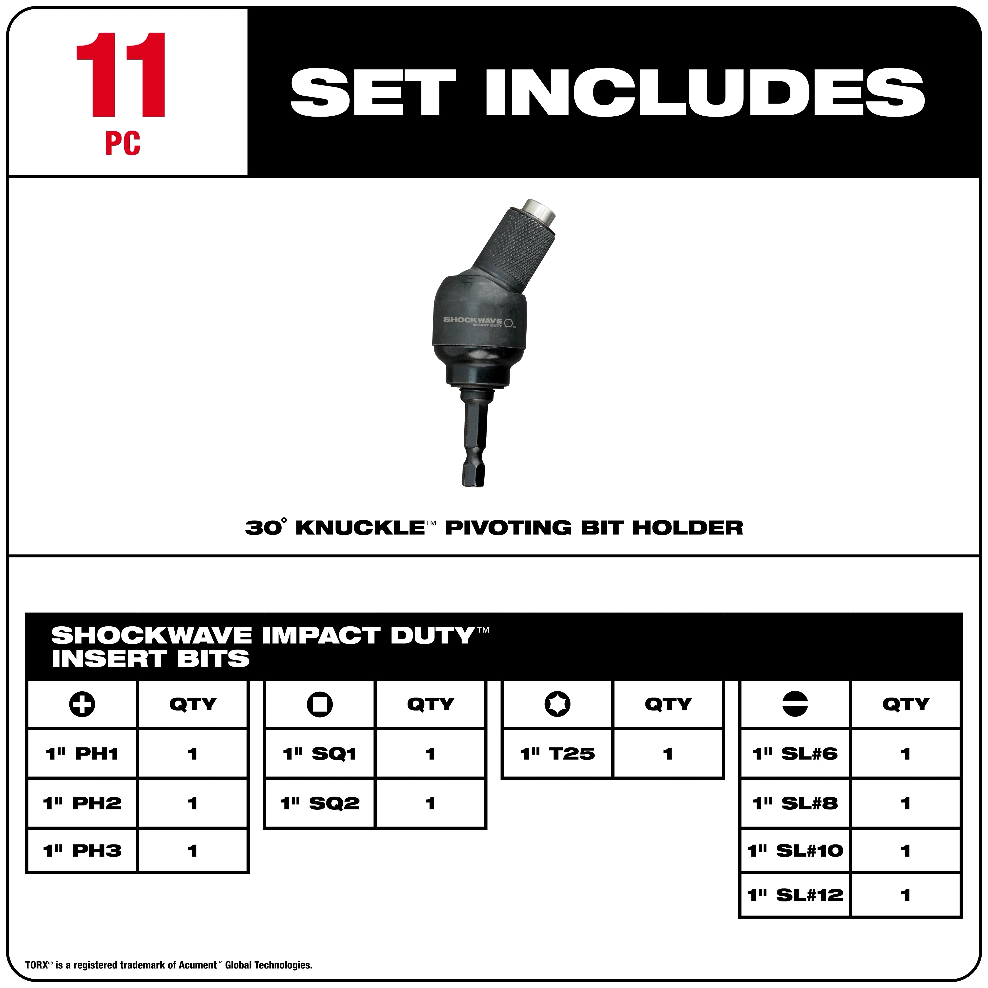Milwaukee Support de forets pivotant 30° KNUCKLE™ SHOCKWAVE™ – 11 pièces 48-32-2301