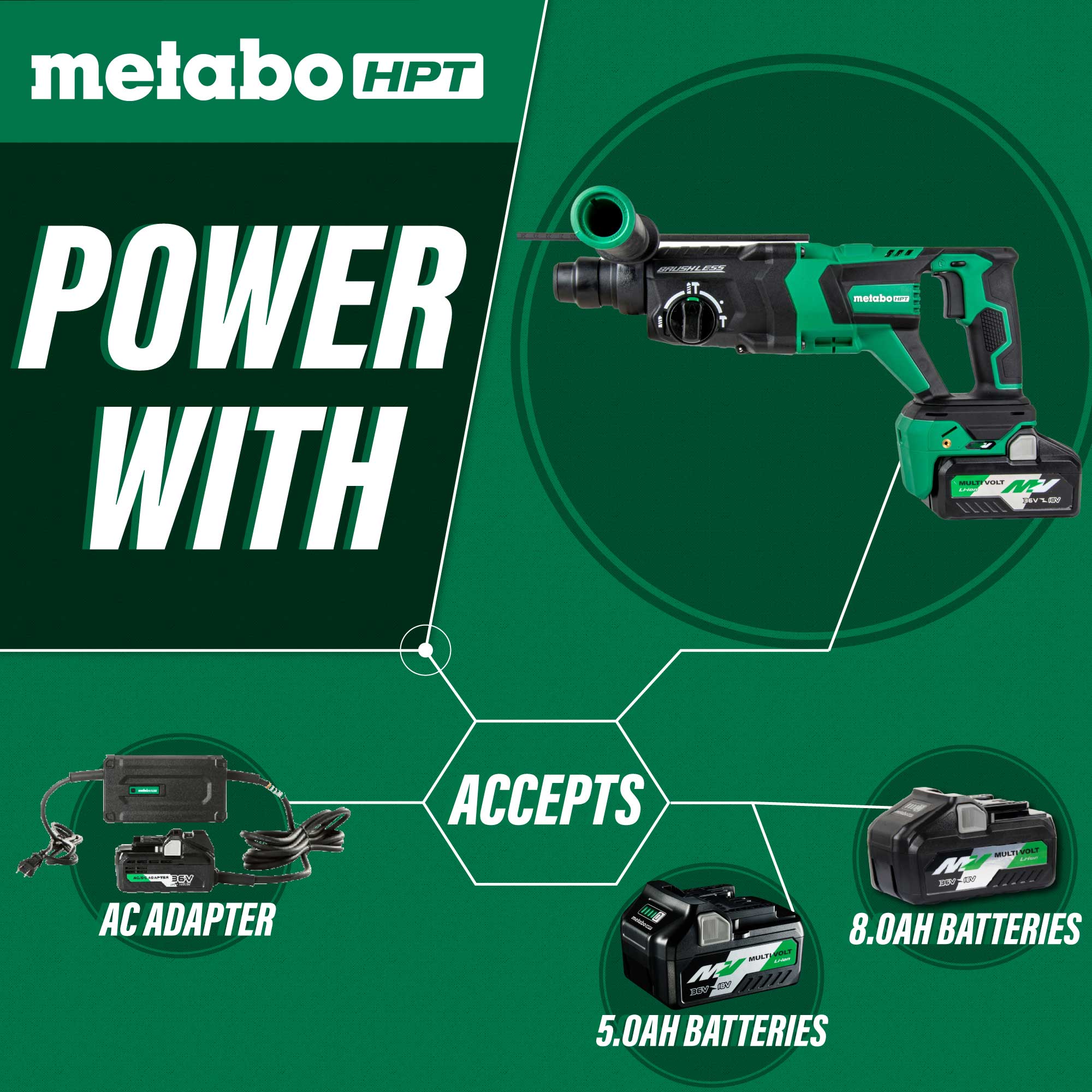 Metabo HPT 36V MultiVolt™ Brushless 1-1/8" SDS Plus D-Handle Rotary Hammer DH3628DD