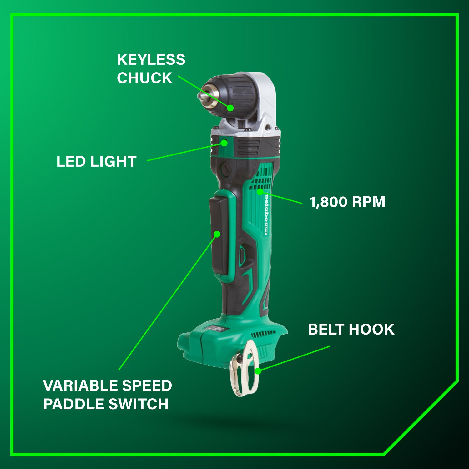 Metabo HPT Perceuse à angle droit 3/8 po 18 V Lithium‑ion (corps d'outil uniquement) | Metabo HPT DN18DSLQ4 DN18DSLQ4