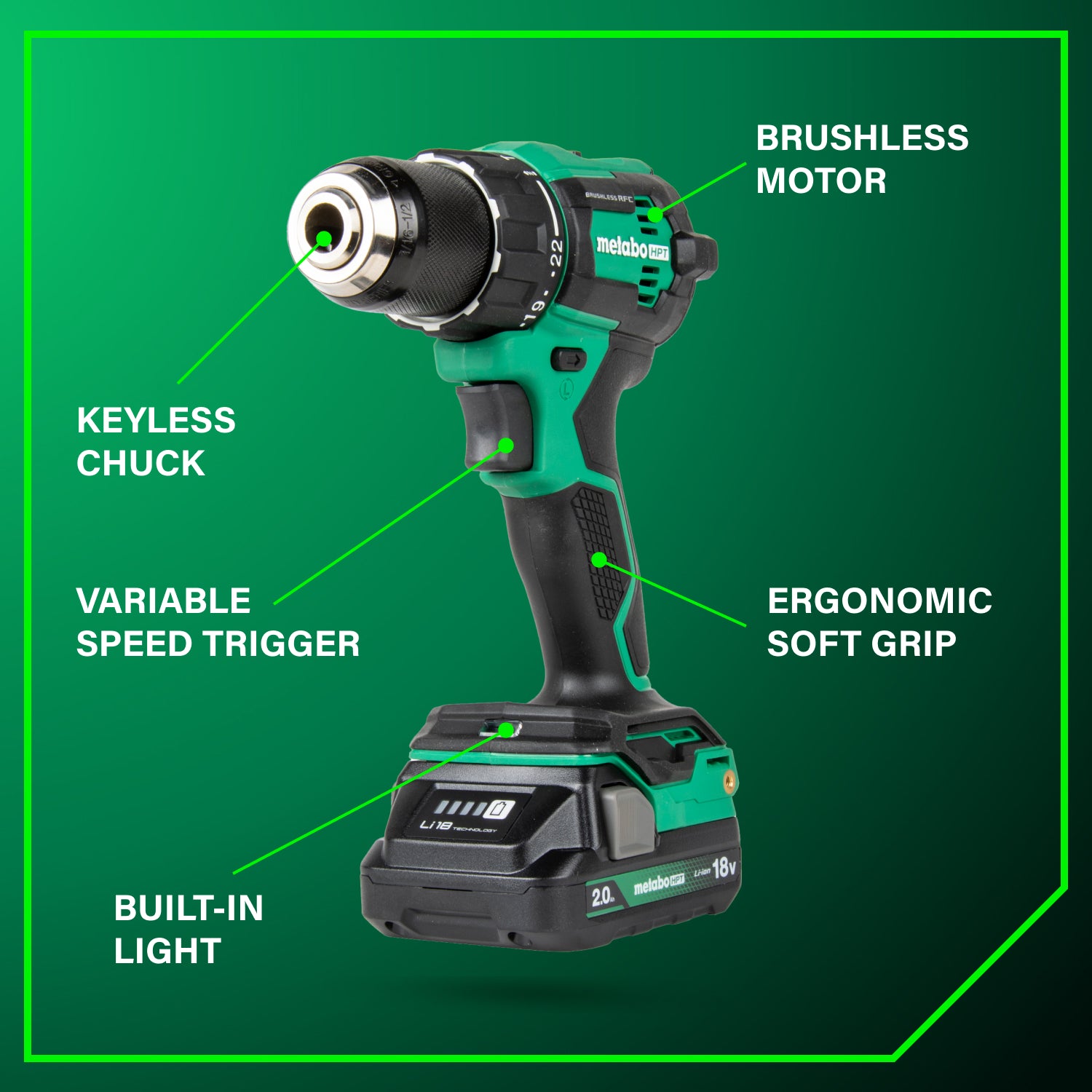 Metabo HPT Kit de perceuse à percussion sans fil sans balais 18 V MultiVolt™ (2 × 2,0 Ah) DV18DEX
