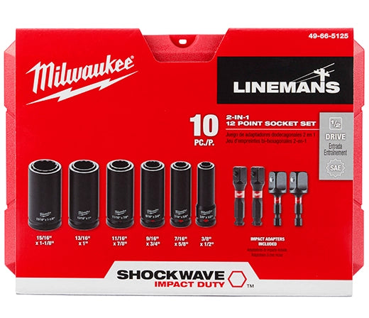 Milwaukee Set de douilles 2-en-1 12 points pour lineman, usage intensif, 10 pièces SHOCKWAVE™ 49-66-5125