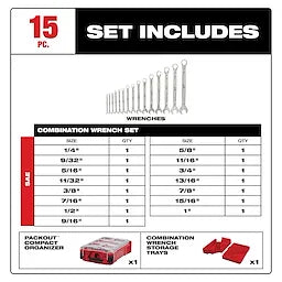Milwaukee Ensemble de clés mixtes SAE 15 pièces avec organiseur compact PACKOUT™ 48-22-9484