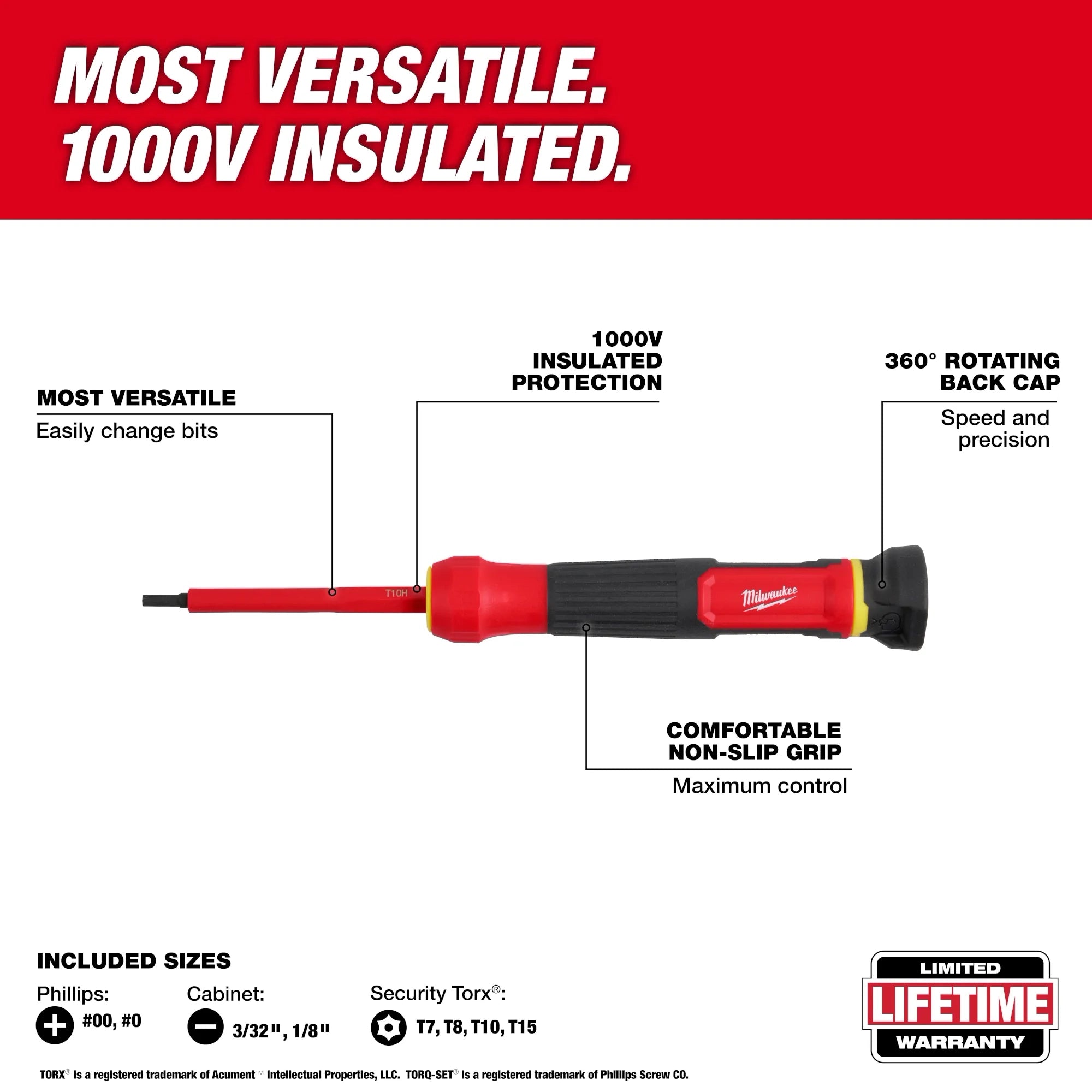 Milwaukee Tournevis multi-embouts de précision isolé 8-en-1 1000 V 48-22-2217