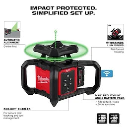 Milwaukee Kit de niveau laser rotatif intérieur vert M18™ avec télécommande/récepteur et support de montage mural 3702-21