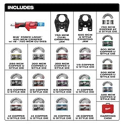 Milwaukee Pince à sertir M18™ FORCE LOGIC™ 600 MCM Cu avec mâchoire élargie 750 MCM et matrices 2679-750CU