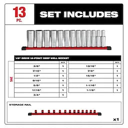 Milwaukee Ensemble de douilles profondes SAE à 12 points, 13 pièces, 1/2" d'entraînement 48-22-9424