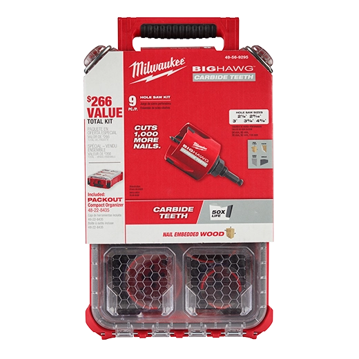 Milwaukee 9 PC BIG HAWG™ with Carbide Teeth Hole Saw Kit w/ PACKOUT™ Compact Organizer 49-56-9295