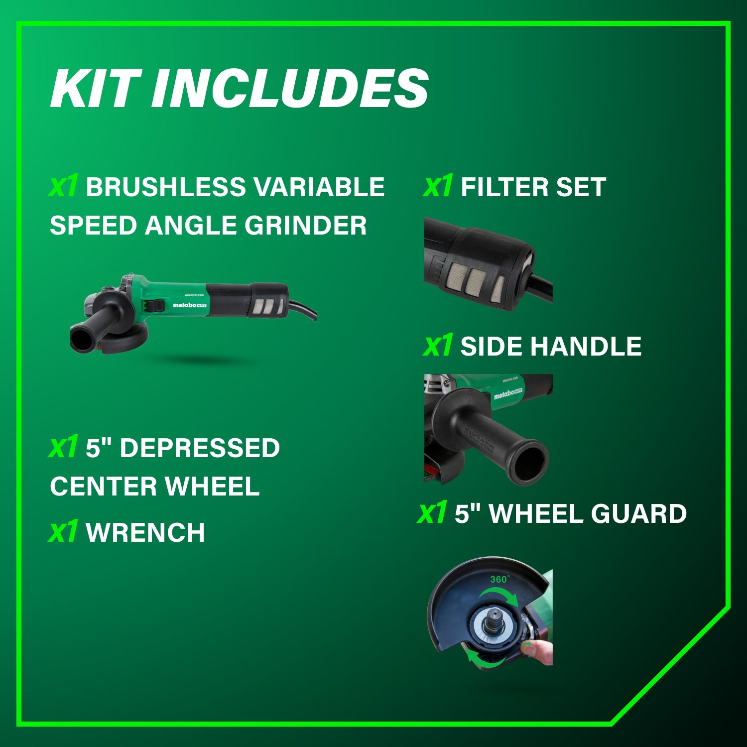 Metabo HPT 5" 12 Amp AC Brushless Variable Speed Angle Grinder G13VE2