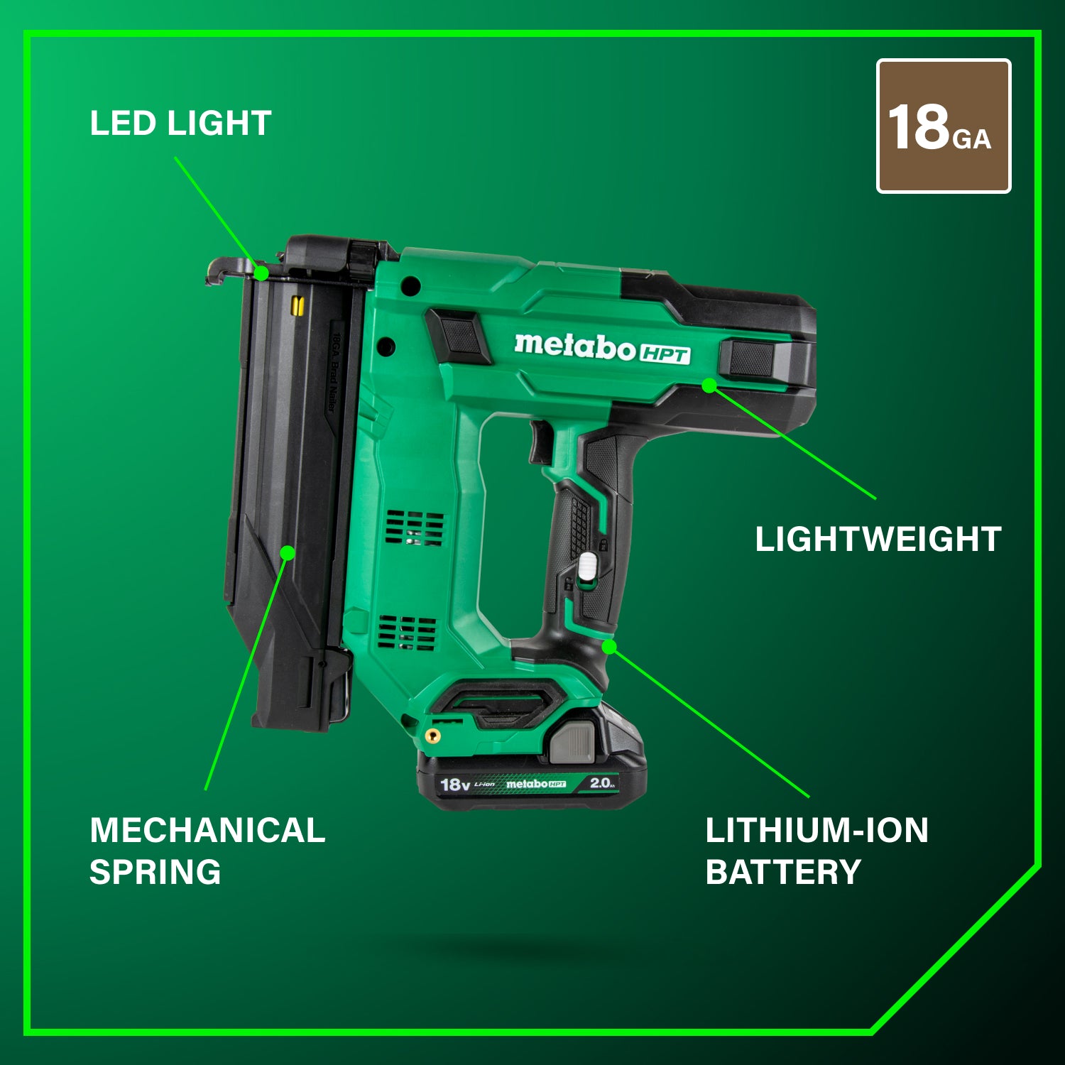 Metabo HPT Cloueuse à agrafes compacte 18‑gauge 18 V MultiVolt™ (1 × 2,0 Ah) | Metabo HPT NT1850DG NT1850DG