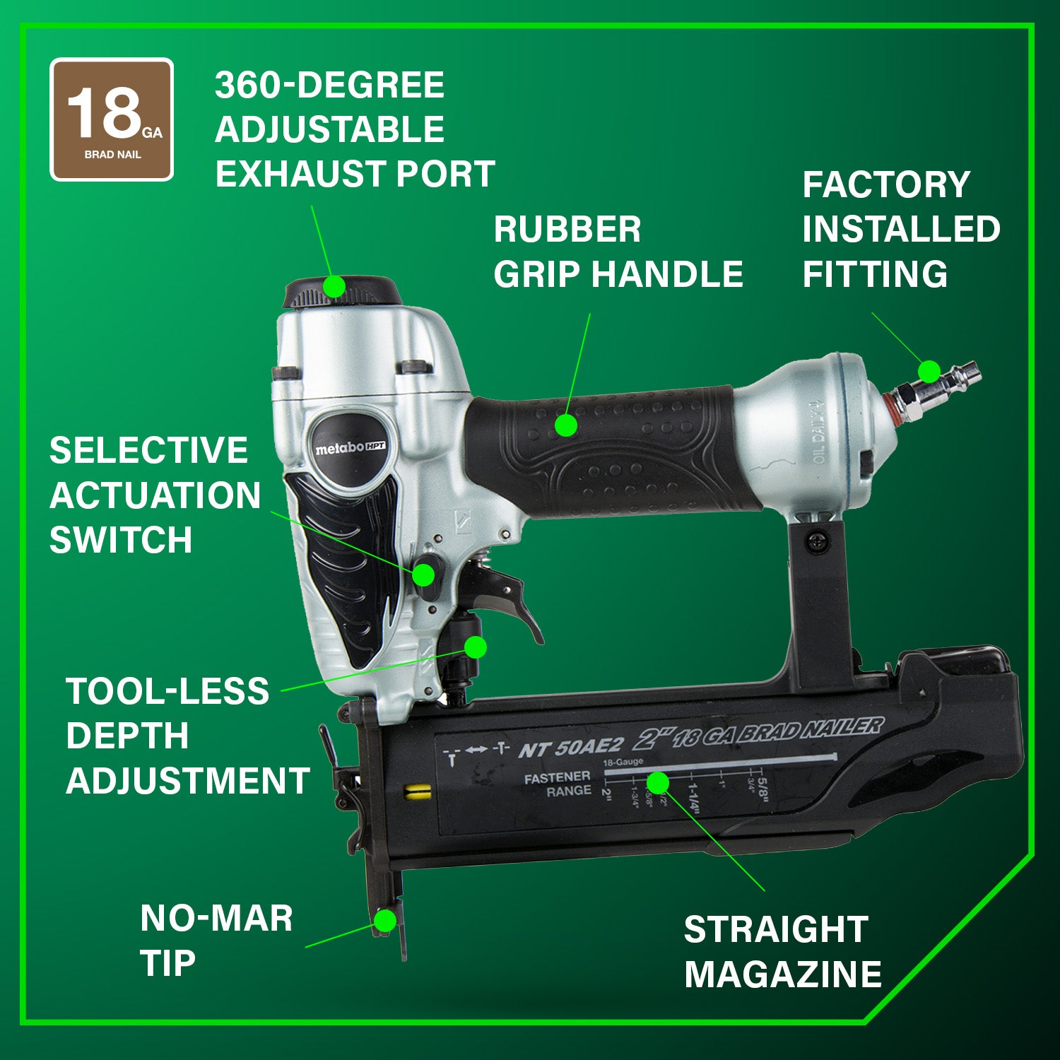 Metabo HPT Cloueuse à clous de finition 18 gauge 2 pouces | Metabo HPT NT50AE2 NT50AE2