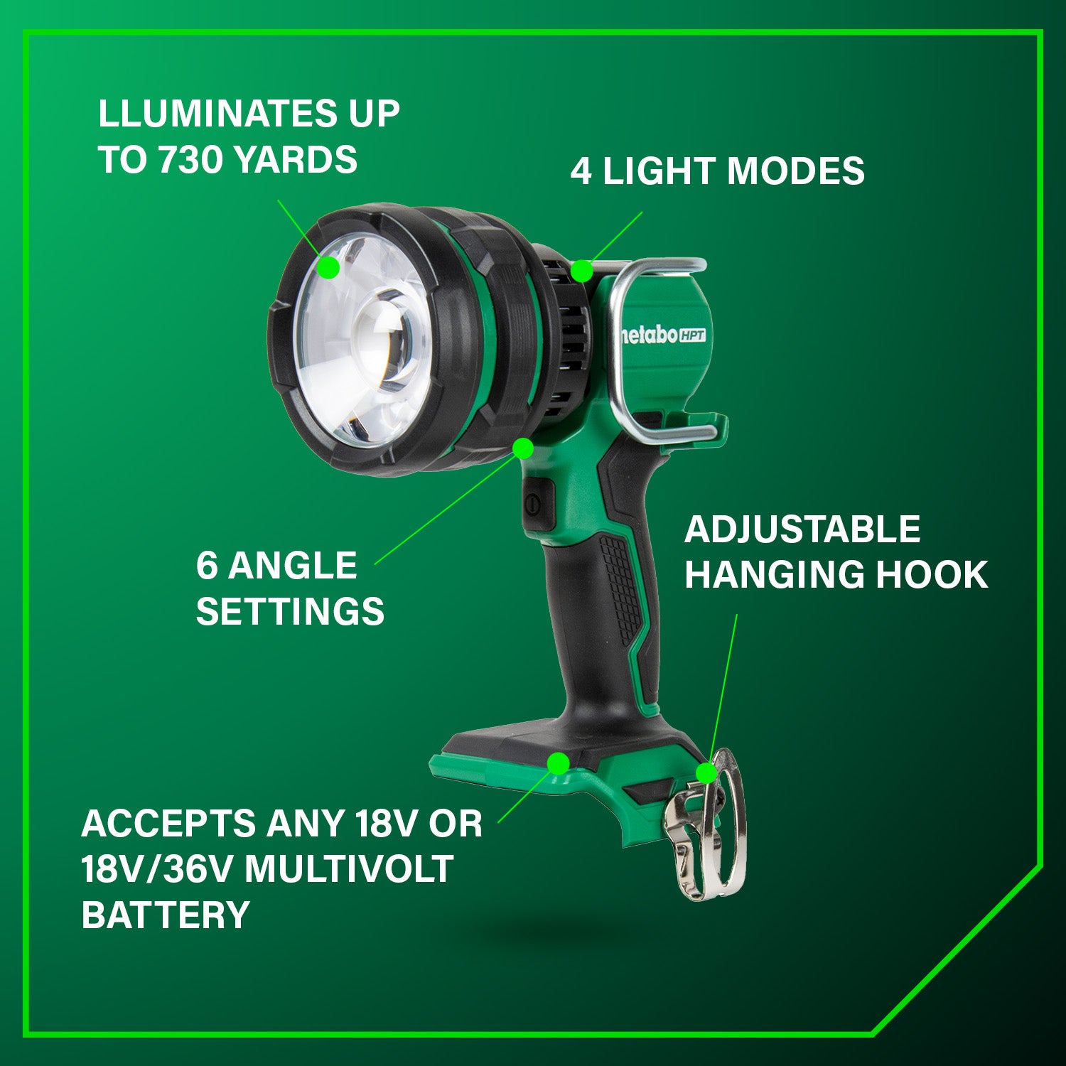 Metabo HPT Projecteur portable à main LED 1 050 lumens 18 V MultiVolt™ sans fil (corps d'outil uniquement) | Metabo HPT UB18DHQ4 UB18DHQ4