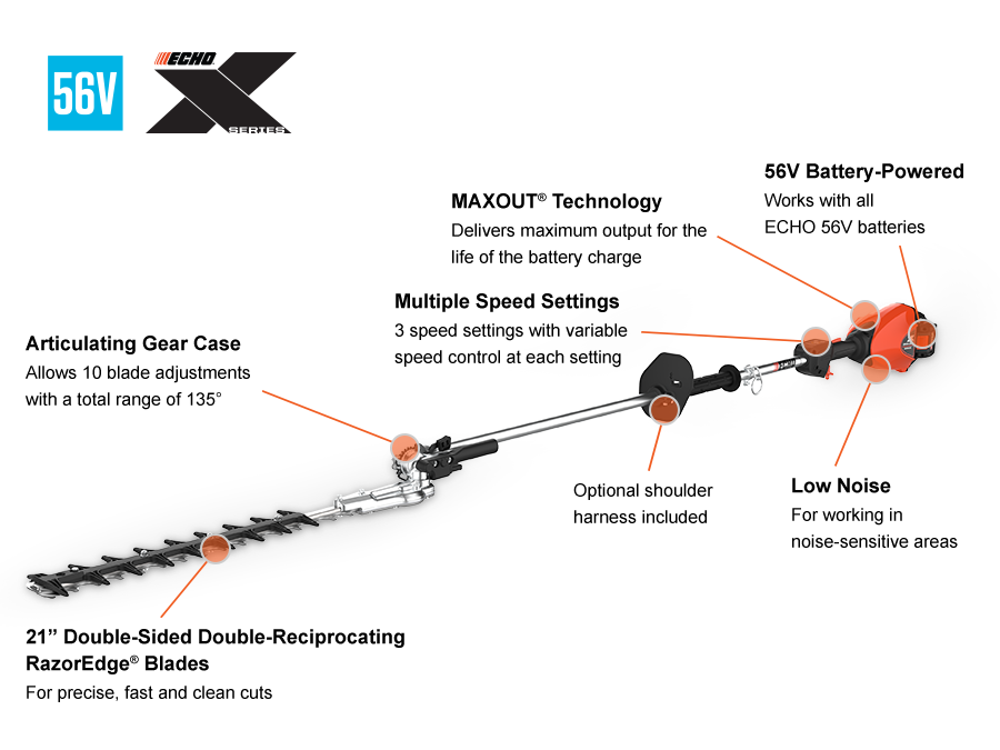 Echo 56V X Series Articulating-Shaft Hedge Trimmer - Bare Tool DHCA-2600BT