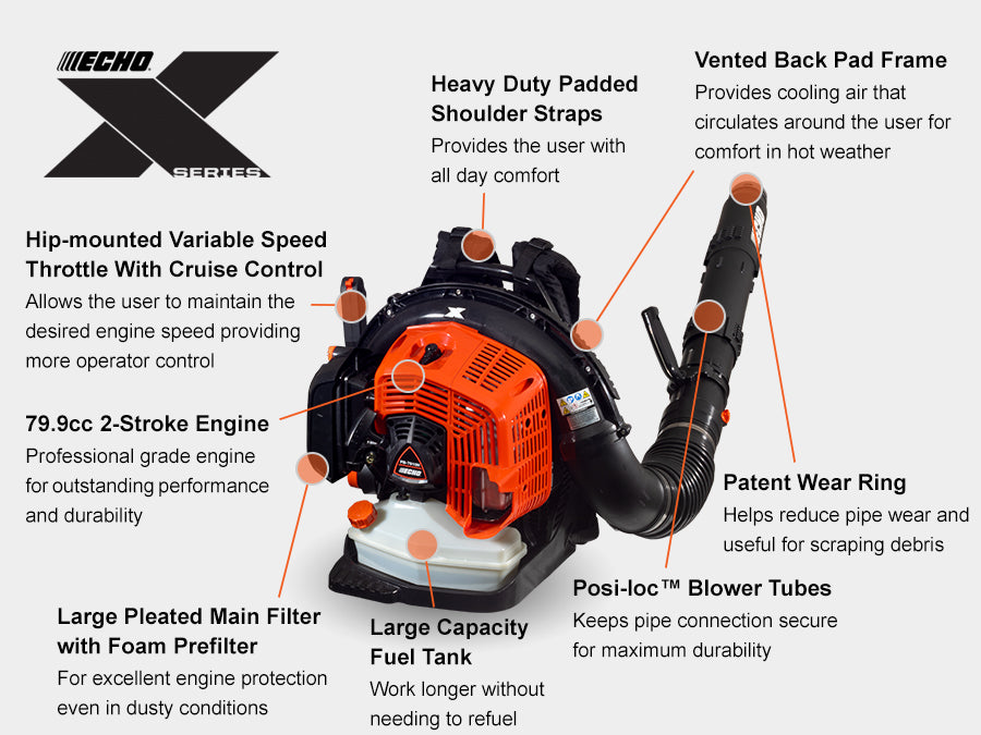 Echo 79.9 cc X Series 835 CFM Backpack Blower with Hip-Mounted Throttle PB-7910H